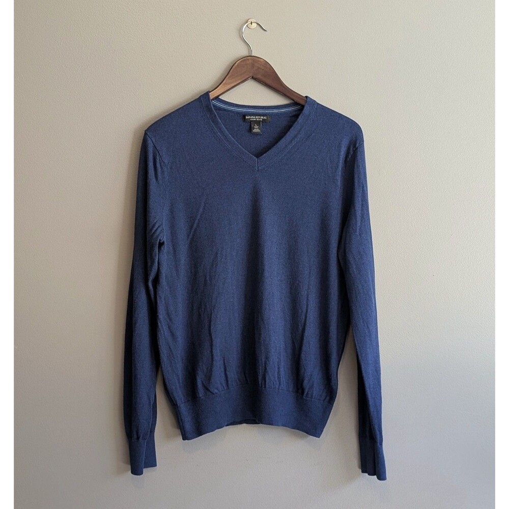 Banana Republic Mens Large Silk Cashmere V-Neck Sweater Blue Lightweight L